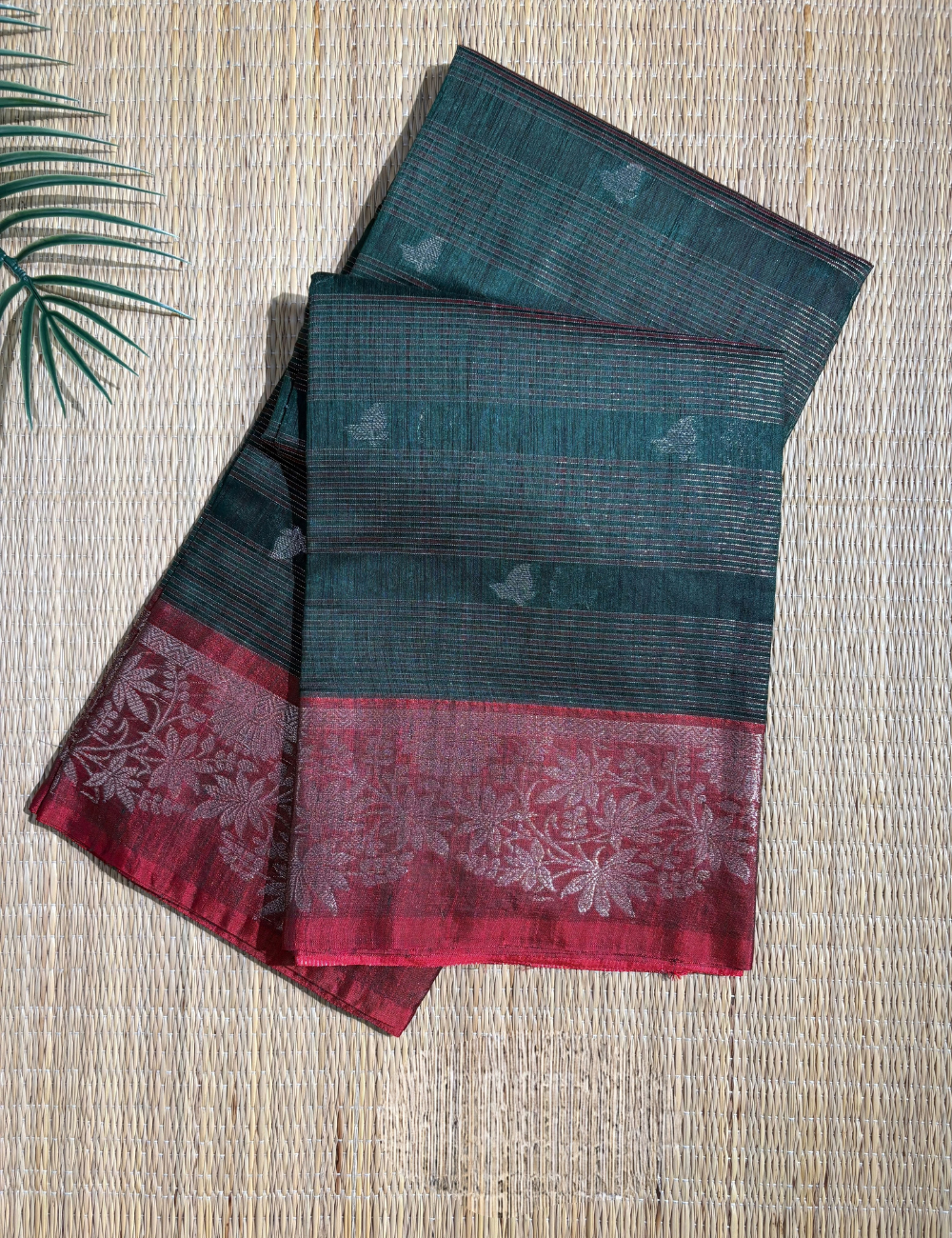 Deep Green Maheshwari Kota Cotton Saree with floral red border