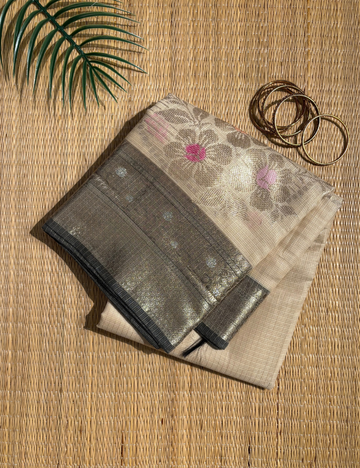 Taupe Beige Maheshwari Cotton Saree with Grey Border