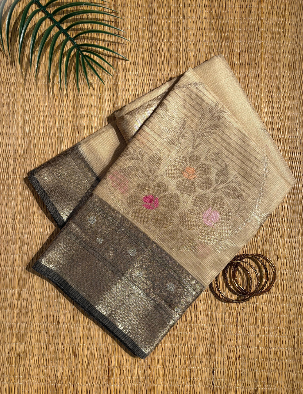 Taupe Beige Maheshwari Cotton Saree with Grey Border