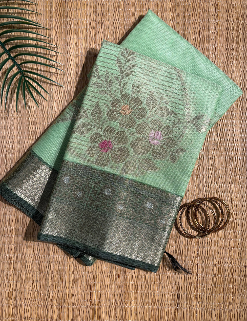 Sage Green Maheshwari Cotton Saree with Bottle Green Border