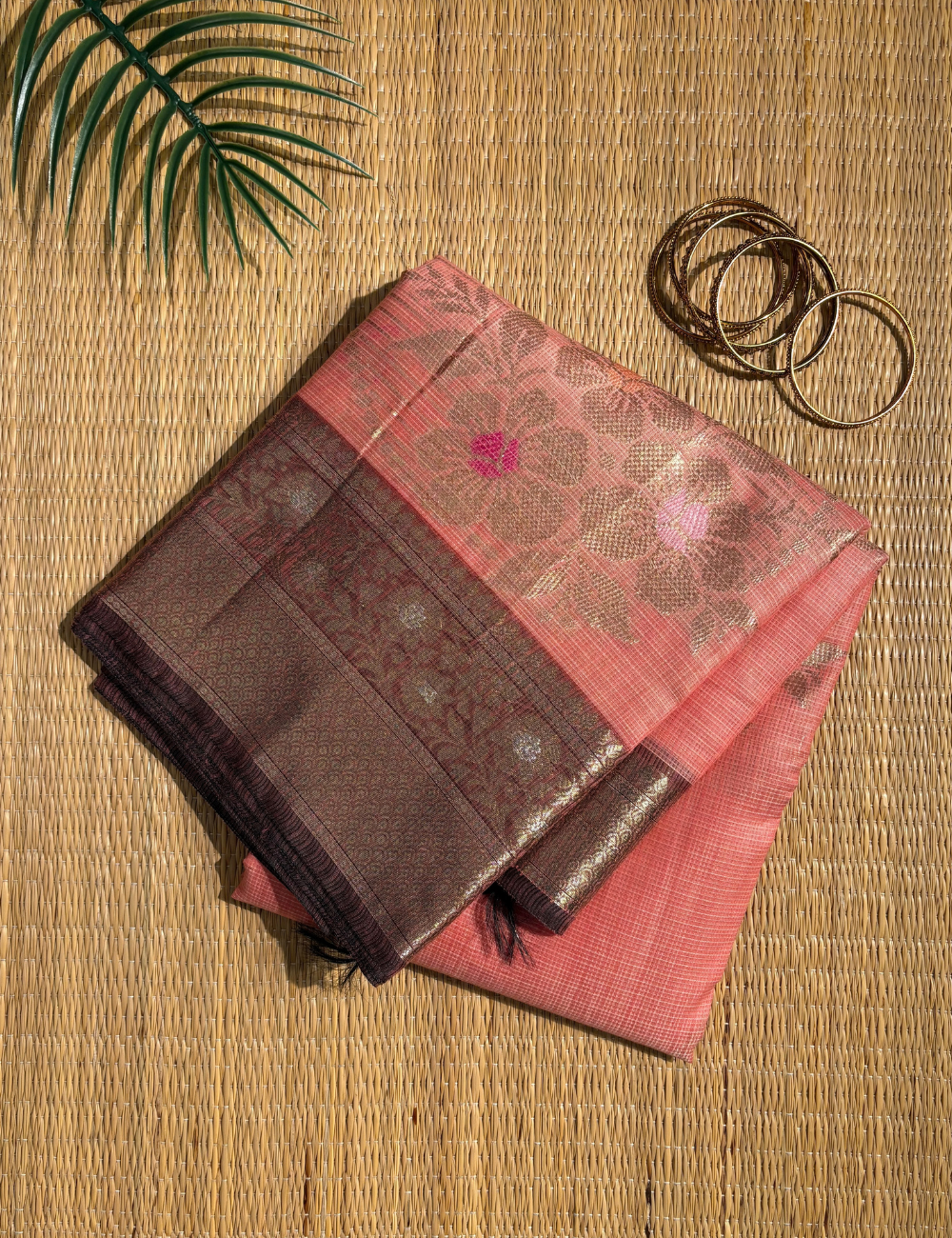 Peach Maheshwari Cotton Saree with Deep Chocolate Brown Border