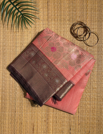 Peach Maheshwari Cotton Saree with Deep Chocolate Brown Border