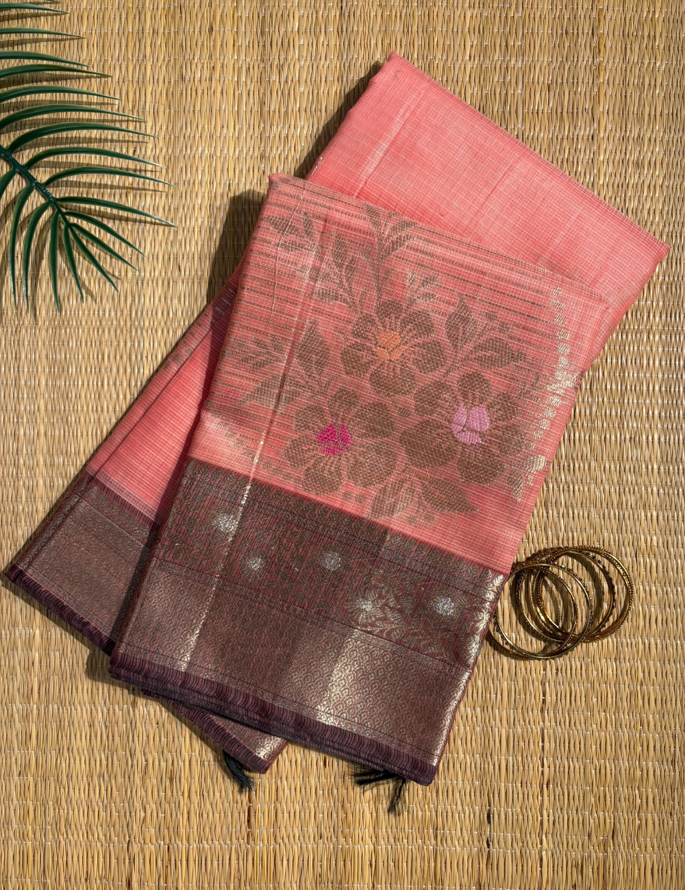 Peach Maheshwari Cotton Saree with Deep Chocolate Brown Border