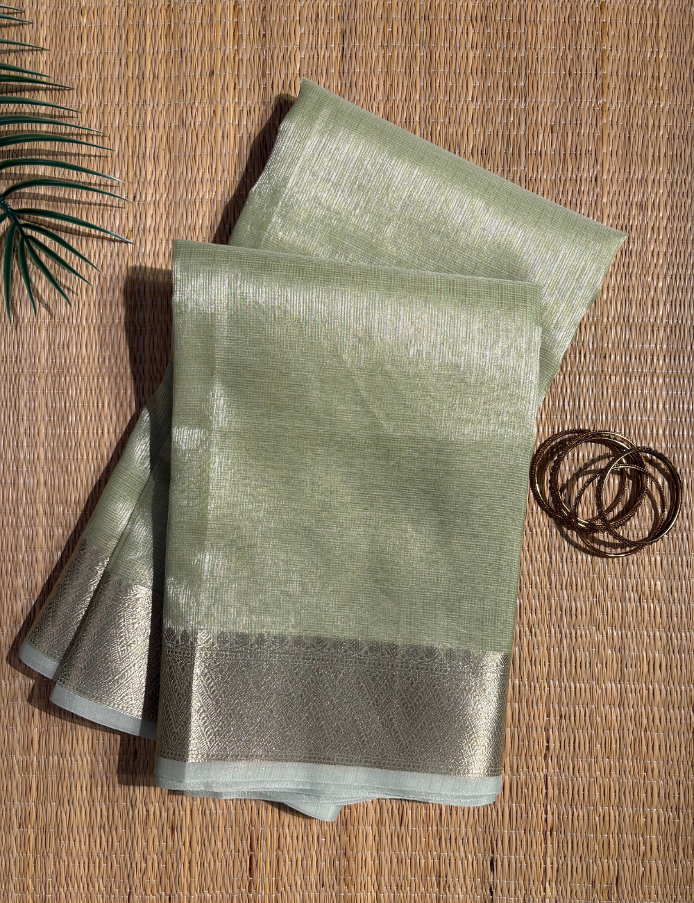 Pastel Green Tissue Kota Saree with Self-Tone Banarasi Zari Border