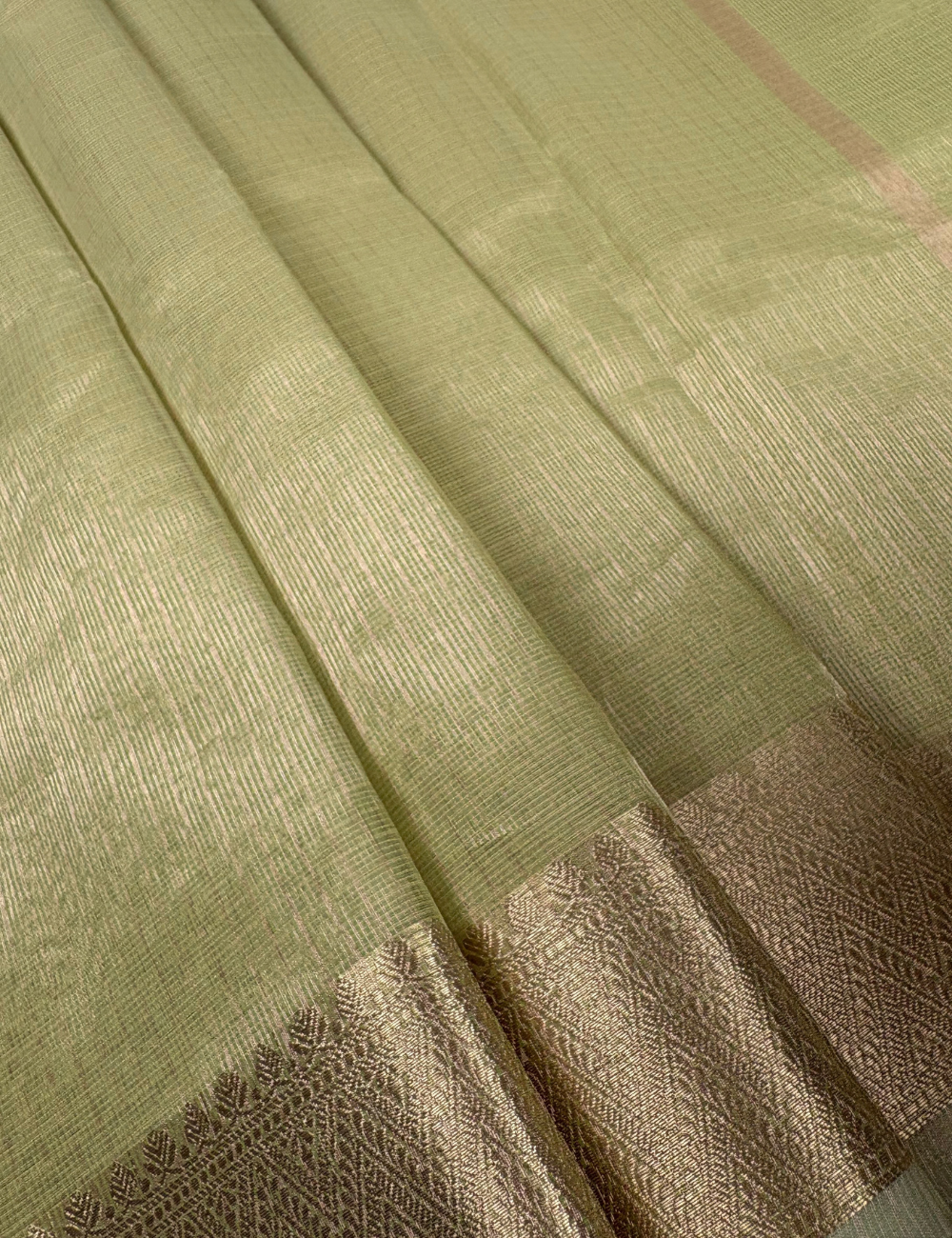 Pastel Green Tissue Kota Saree with Self-Tone Banarasi Zari Border