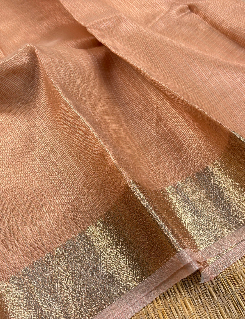 Pastel Peach Tissue Zari Kota Saree with Banarasi Style Border