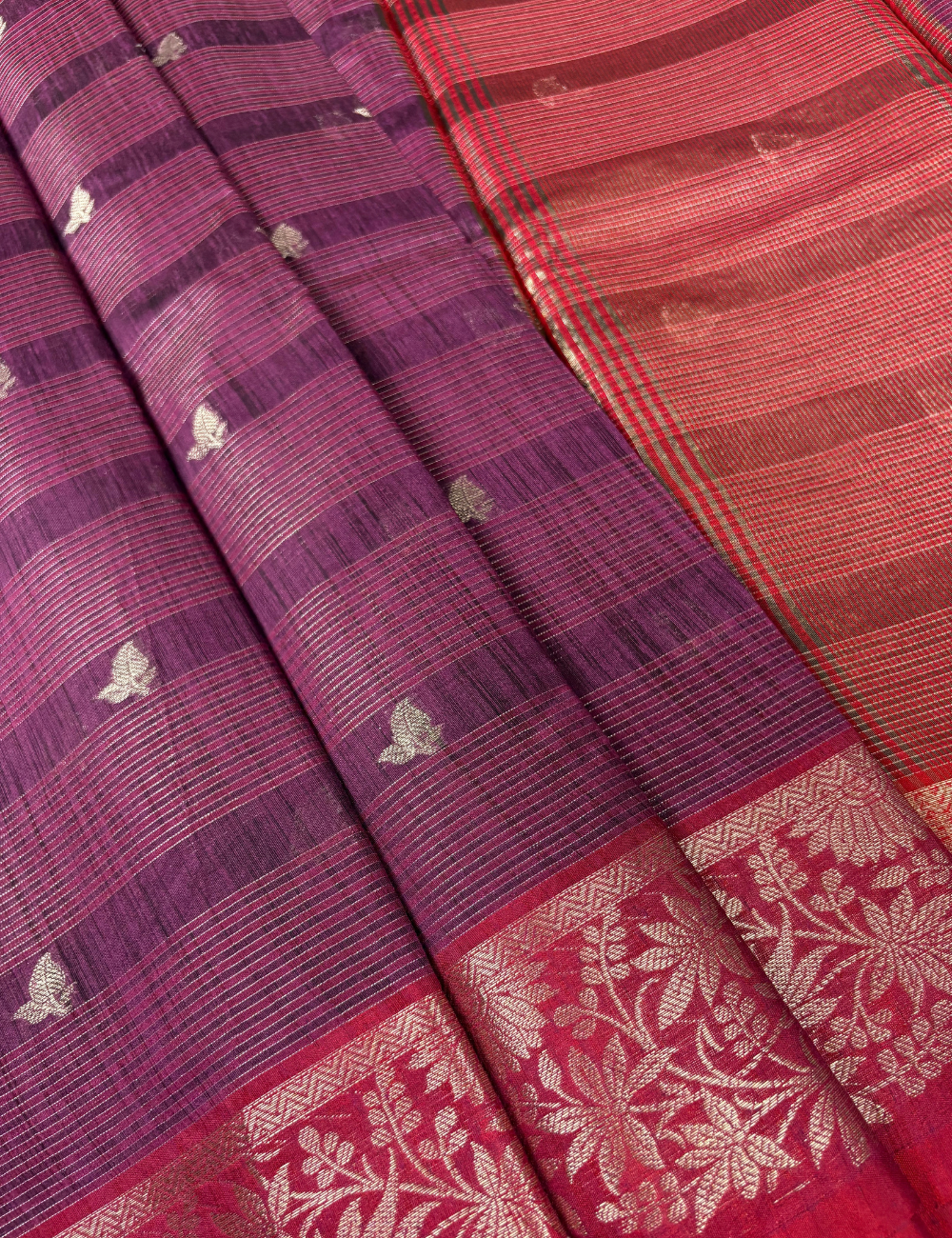 Wine Purple Maheshwari Kota Cotton Saree with floral red border