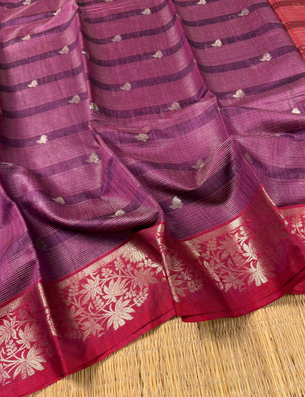 Wine Purple Maheshwari Kota Cotton Saree with floral red border
