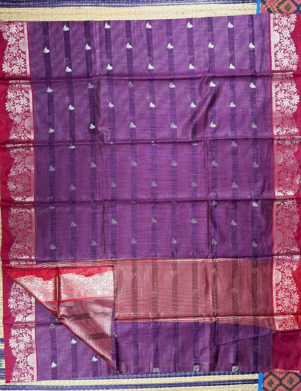 Wine Purple Maheshwari Kota Cotton Saree with floral red border