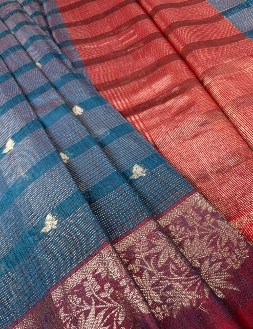 Ink Blue Maheshwari Kota Cotton Saree with floral red border