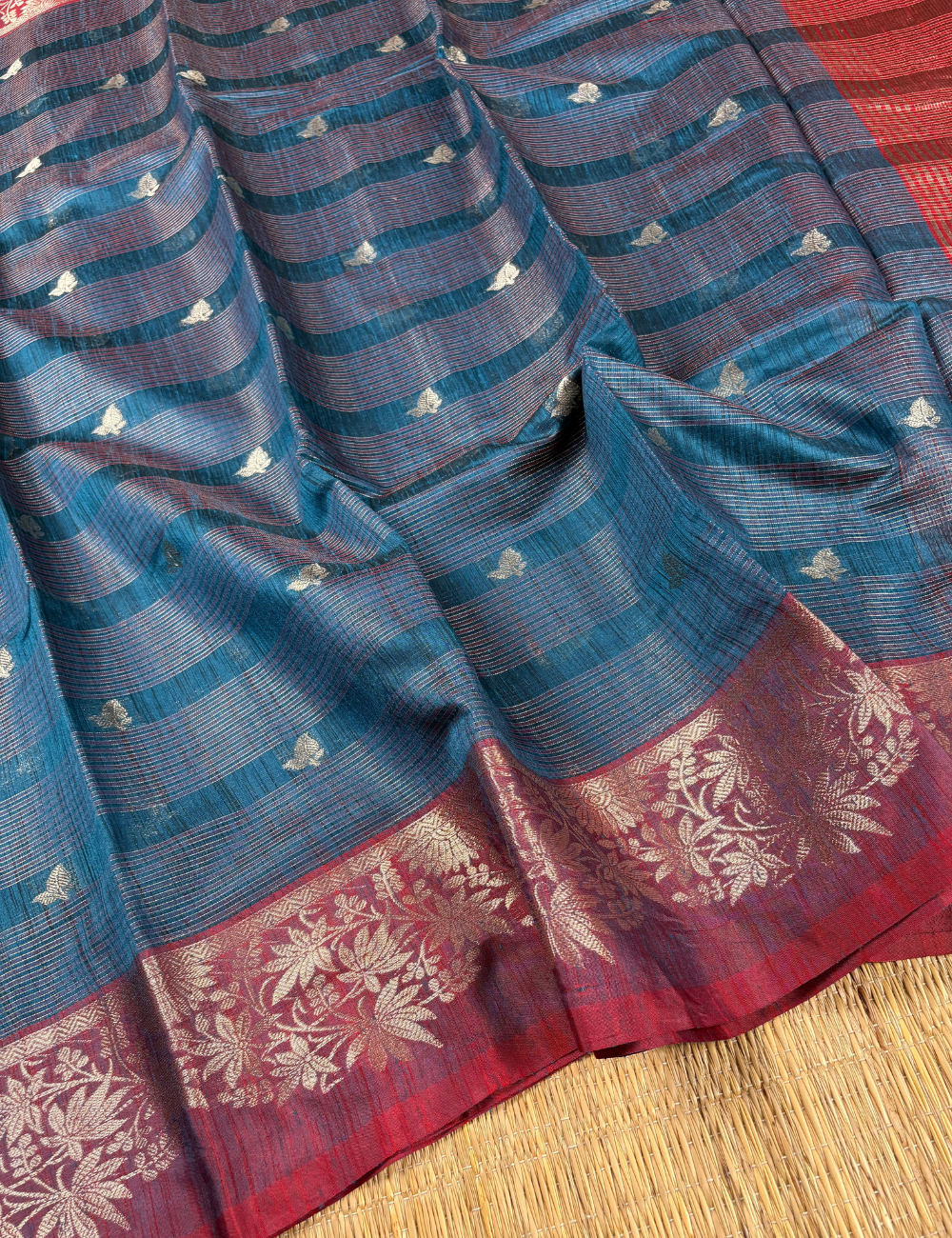 Ink Blue Maheshwari Kota Cotton Saree with floral red border
