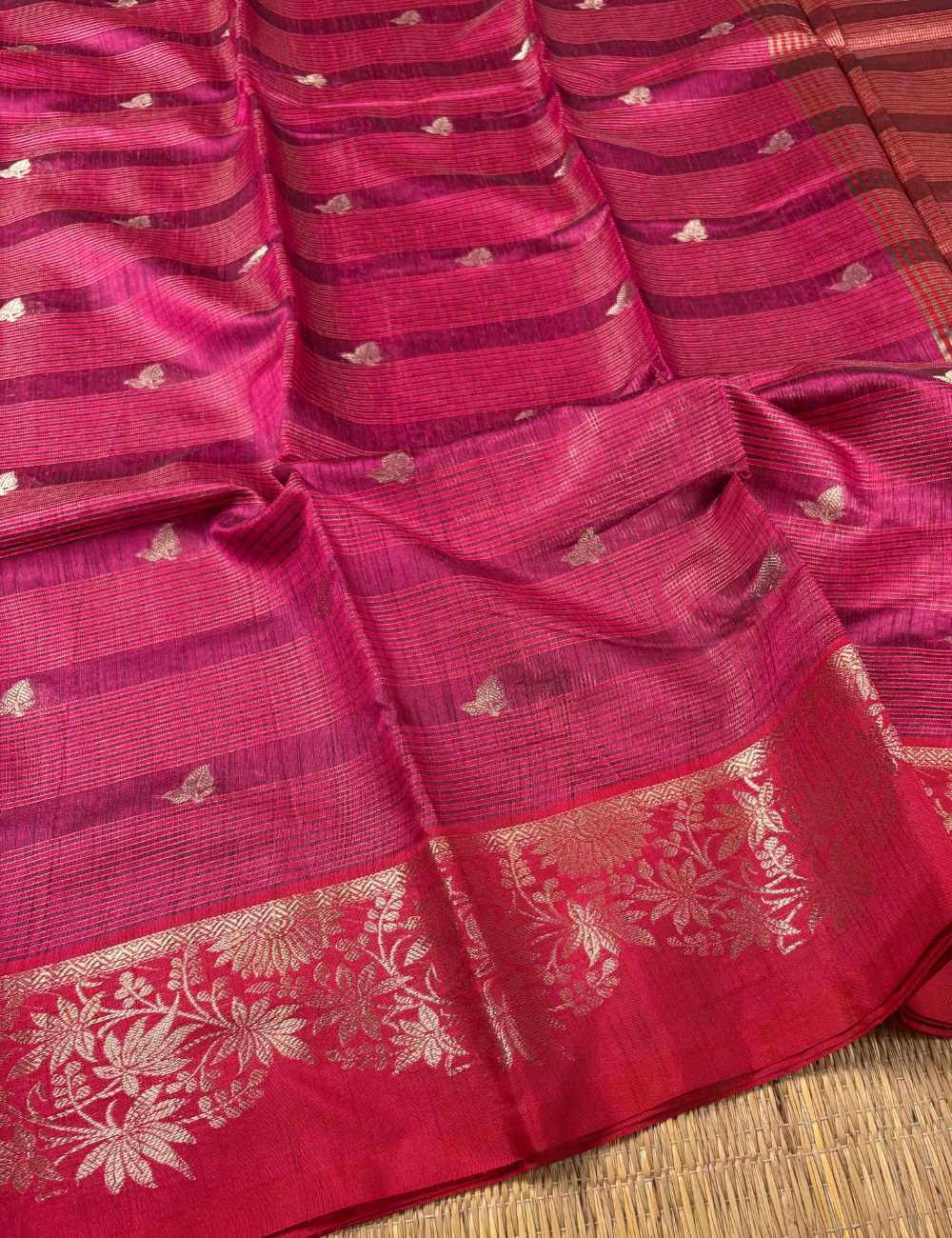 Ruby Magenta Maheshwari Kota Cotton Saree with floral red border