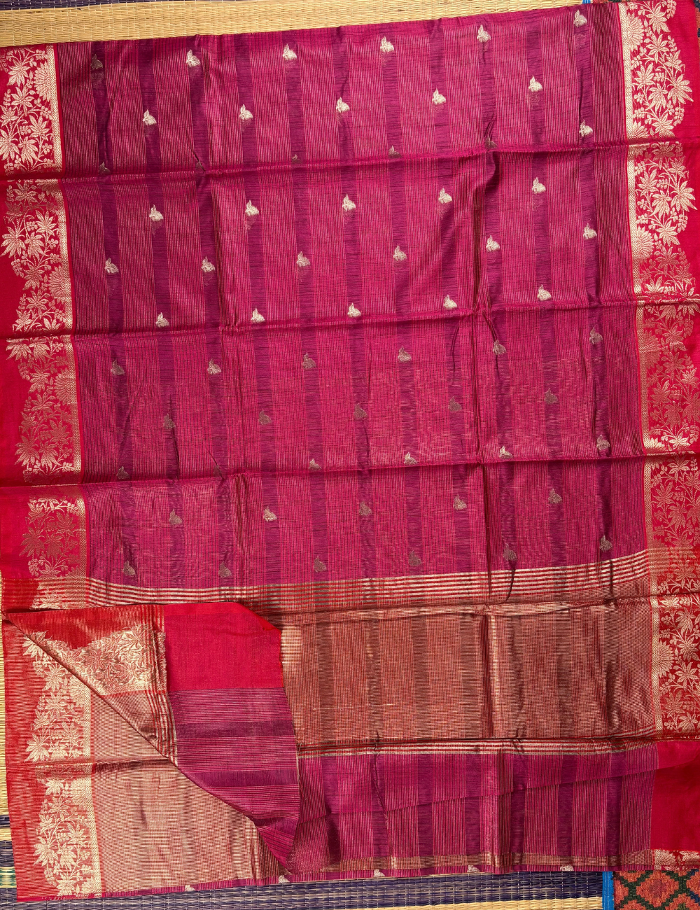 Ruby Magenta Maheshwari Kota Cotton Saree with floral red border