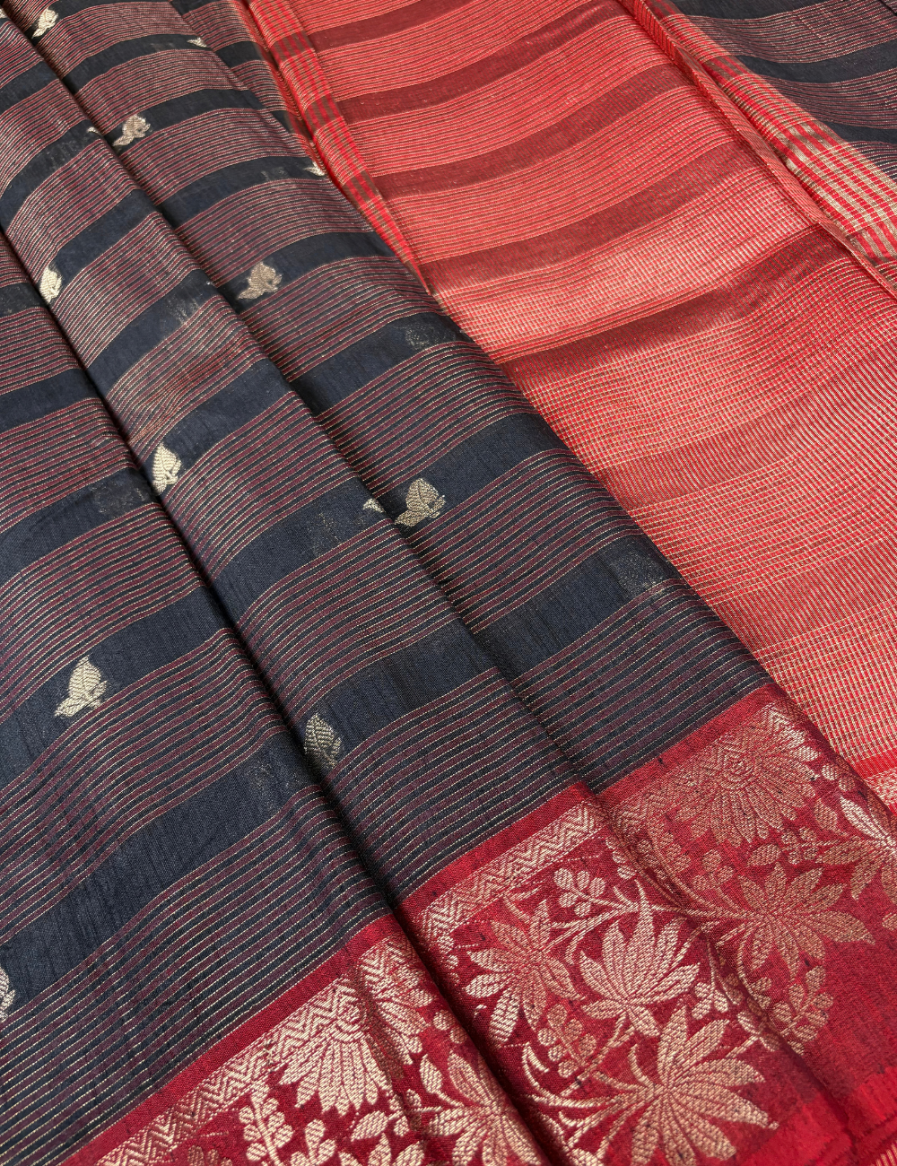 Deep Navy Maheshwari Kota Cotton Saree with floral red border