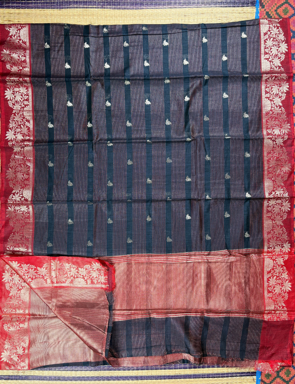 Deep Navy Maheshwari Kota Cotton Saree with floral red border