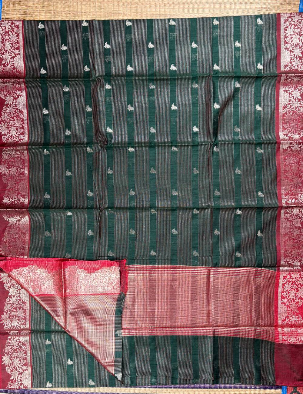 Deep Green Maheshwari Kota Cotton Saree with floral red border