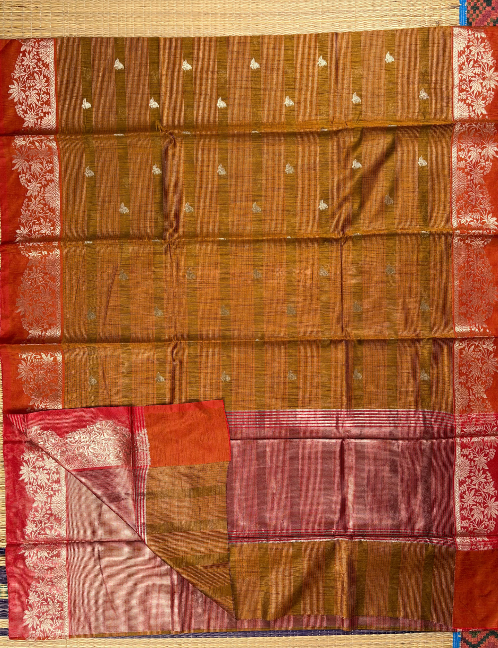 Copper Rust Maheshwari Kota Cotton Saree with Floral Border Saree