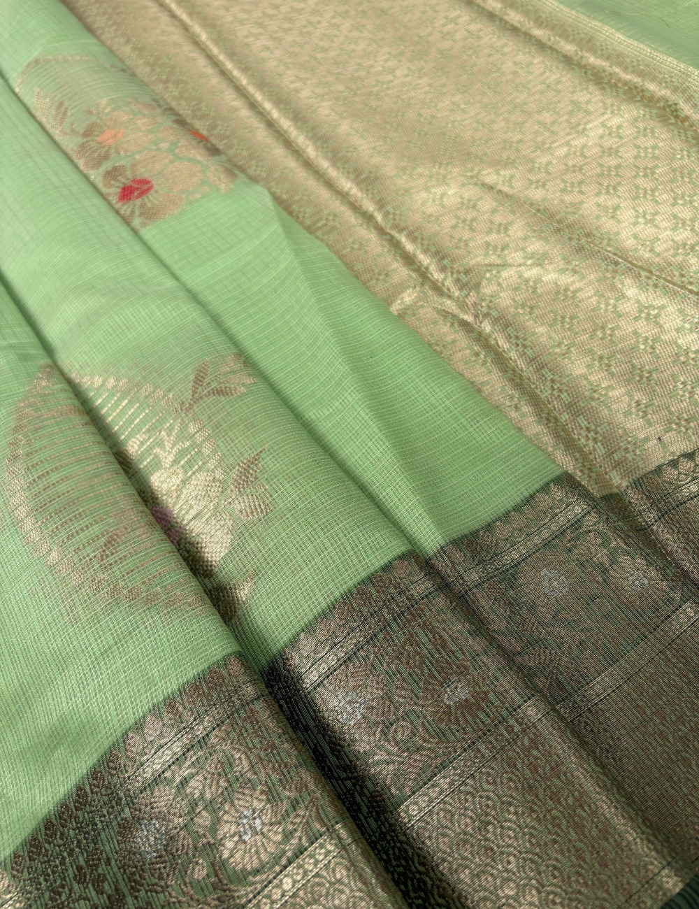 Sage Green Maheshwari Cotton Saree with Bottle Green Border
