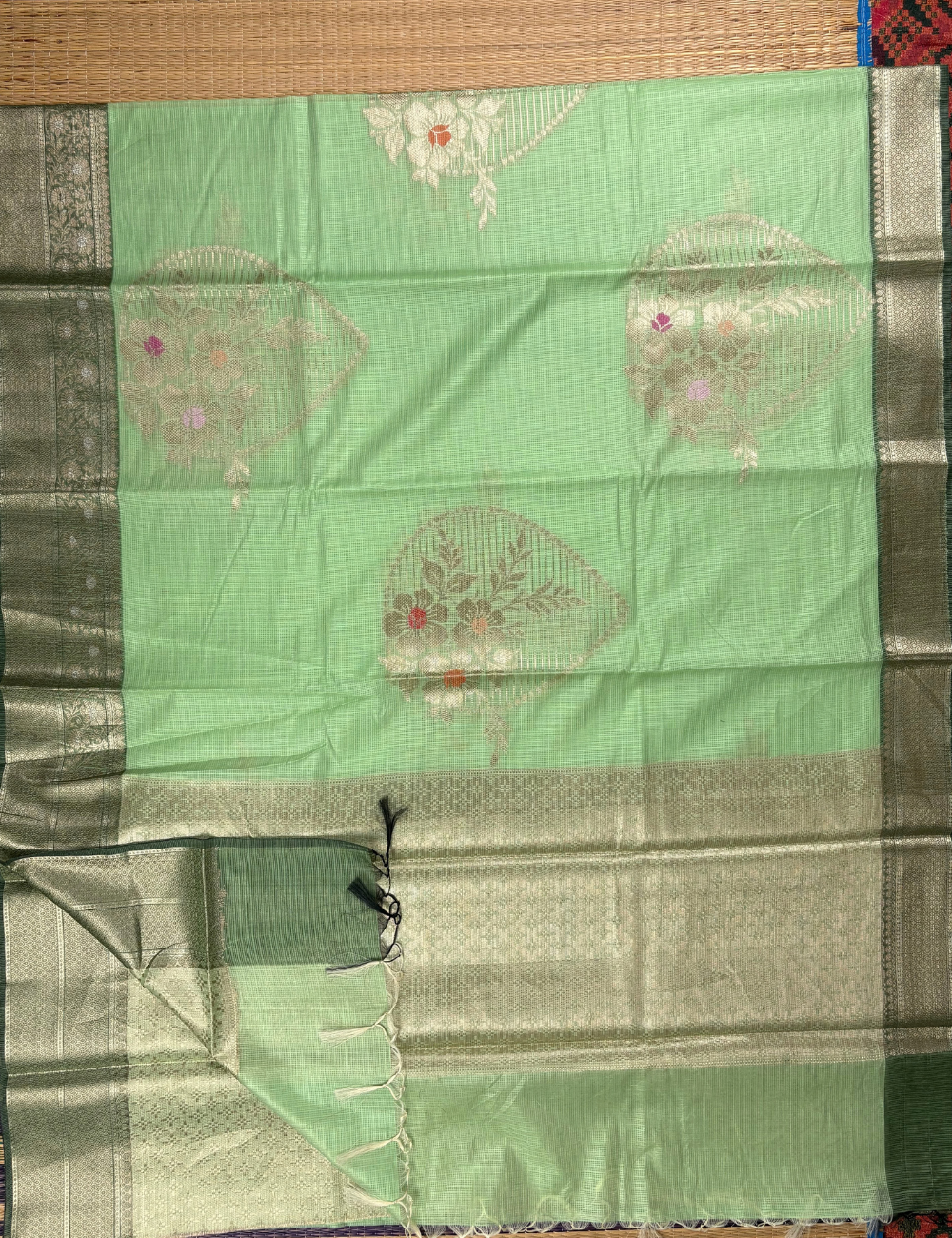 Sage Green Maheshwari Cotton Saree with Bottle Green Border