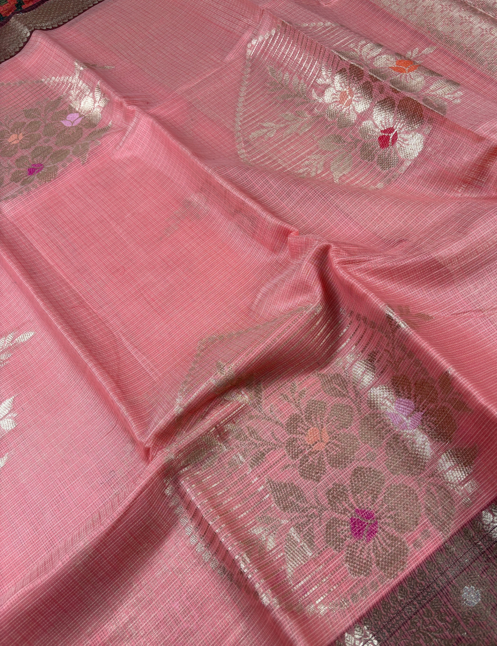 Peach Maheshwari Cotton Saree with Deep Chocolate Brown Border