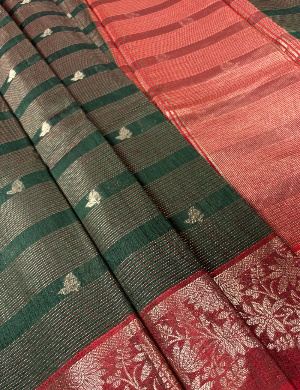 Deep Green Maheshwari Kota Cotton Saree with floral red border