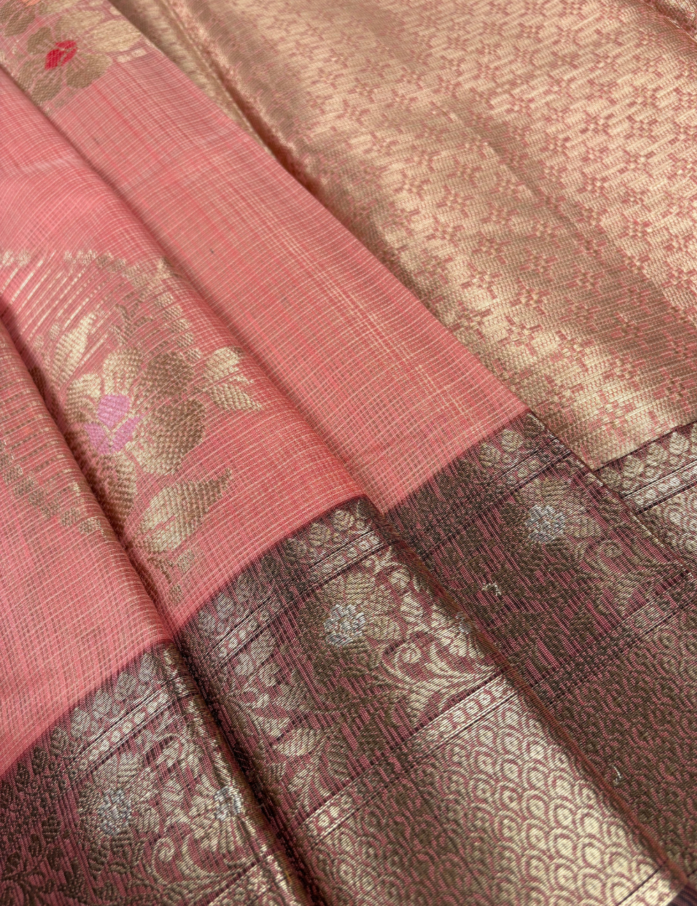 Peach Maheshwari Cotton Saree with Deep Chocolate Brown Border