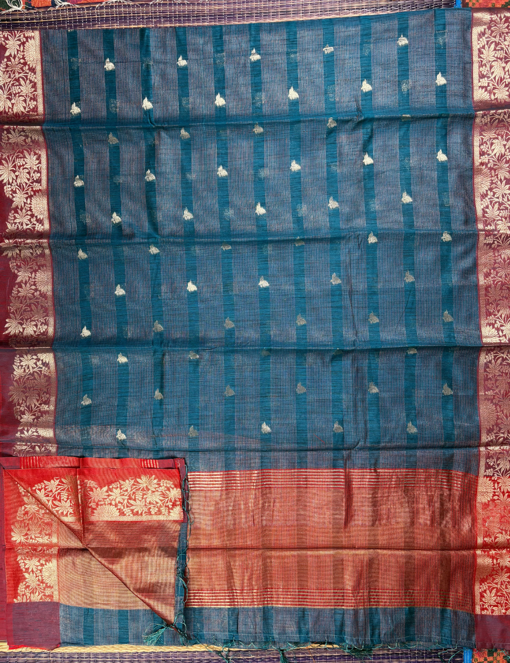 Ink Blue Maheshwari Kota Cotton Saree with floral red border