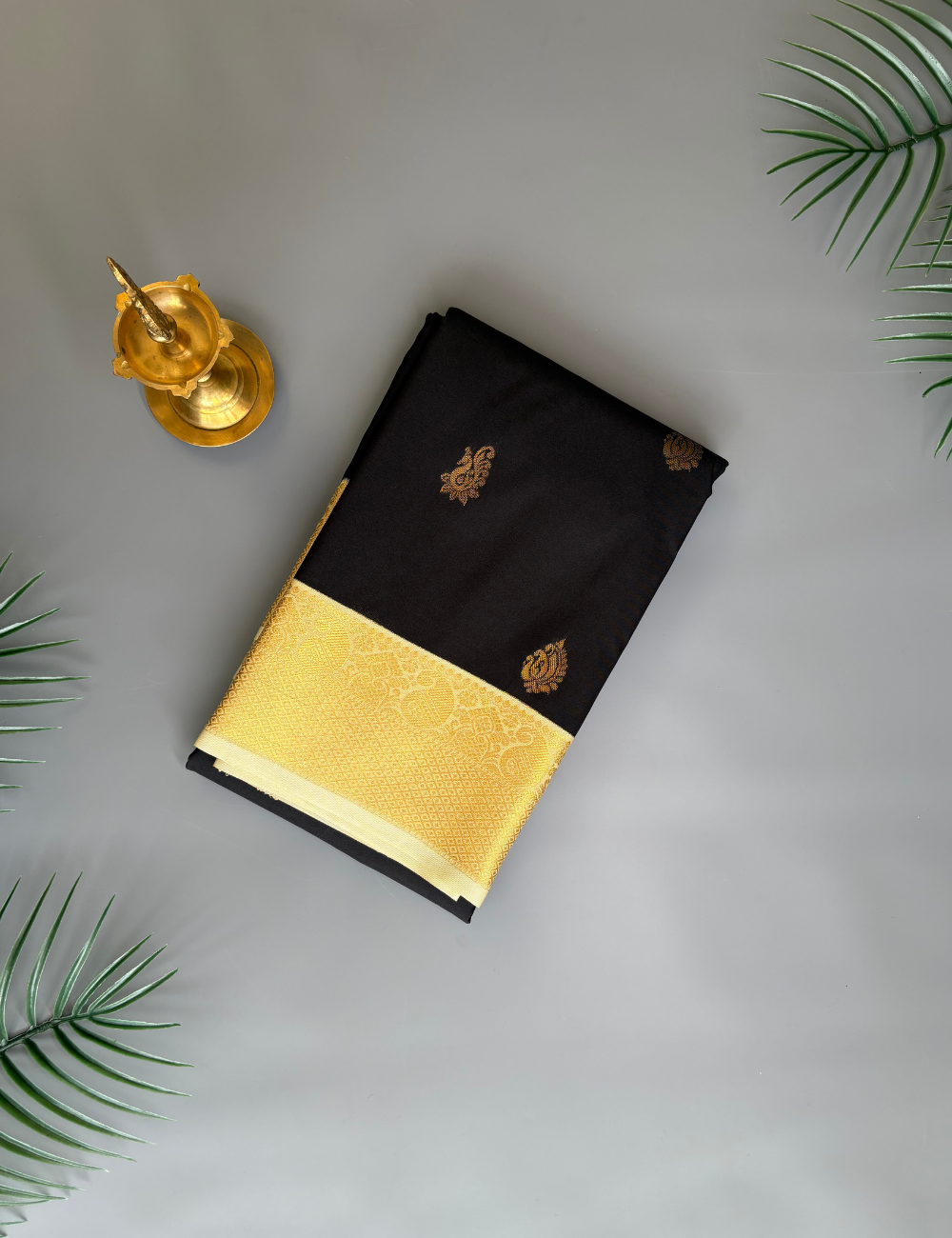 Black Soft Semi Silk Kanjivaram Saree with Half white Zari Border