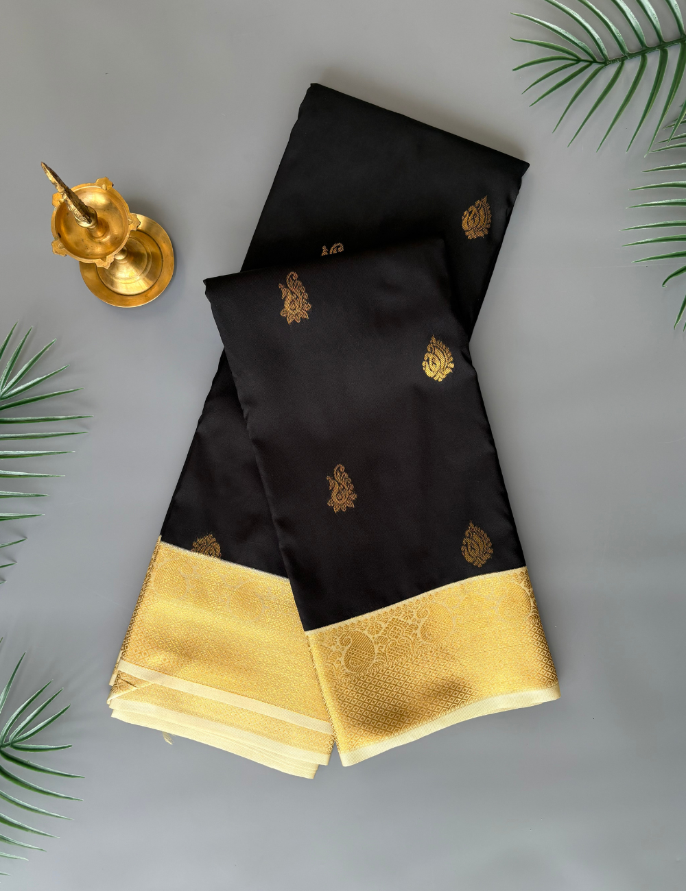 Black Soft Semi Silk Kanjivaram Saree with Half white Zari Border