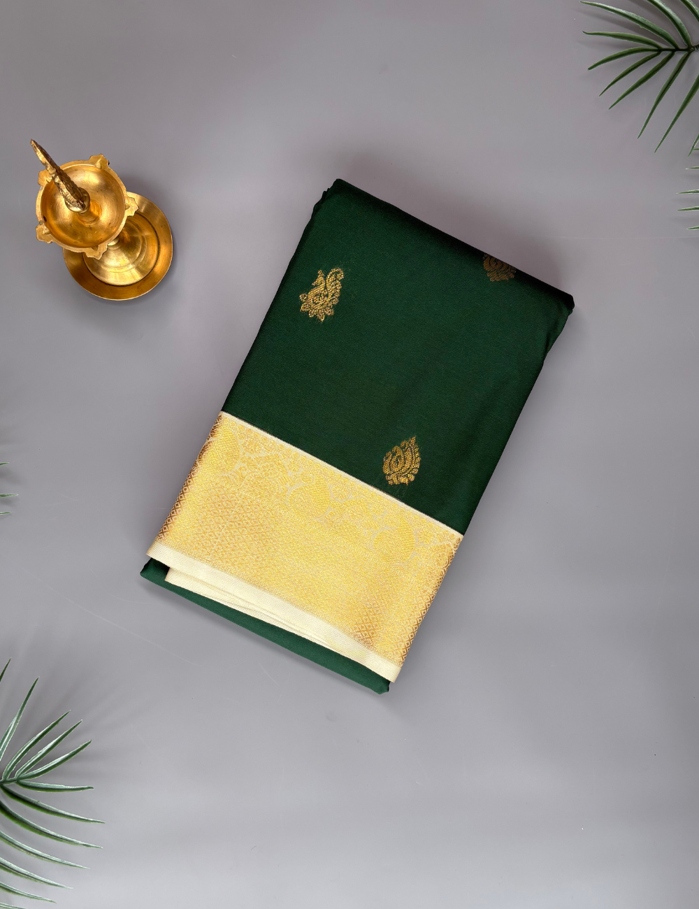 Bottle Green Soft Kanjivaram Semi Silk Saree with Elegant Golden Zari Border