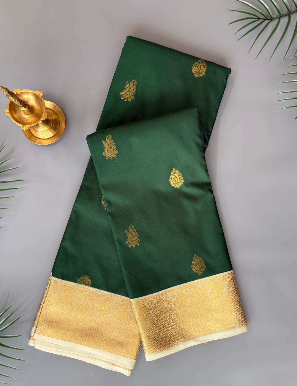 Bottle Green Soft Kanjivaram Semi Silk Saree with Elegant Golden Zari Border