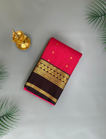 Dark Rose Pink & Deep purple Semi Silk Saree with Gold Zari Stripes and Traditional Woven Border