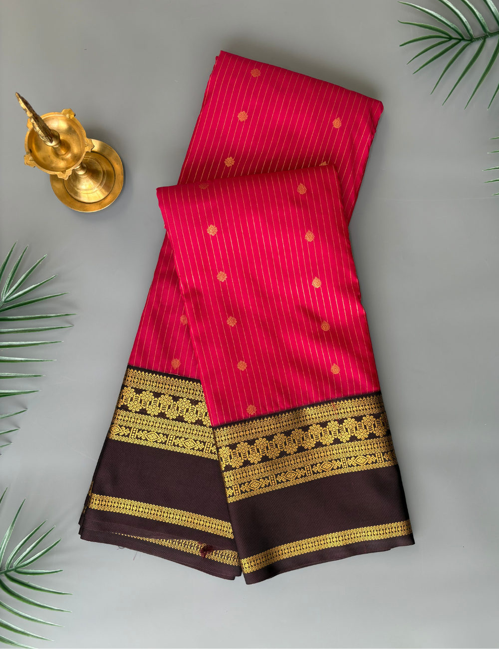 Dark Rose Pink & Deep purple Semi Silk Saree with Gold Zari Stripes and Traditional Woven Border