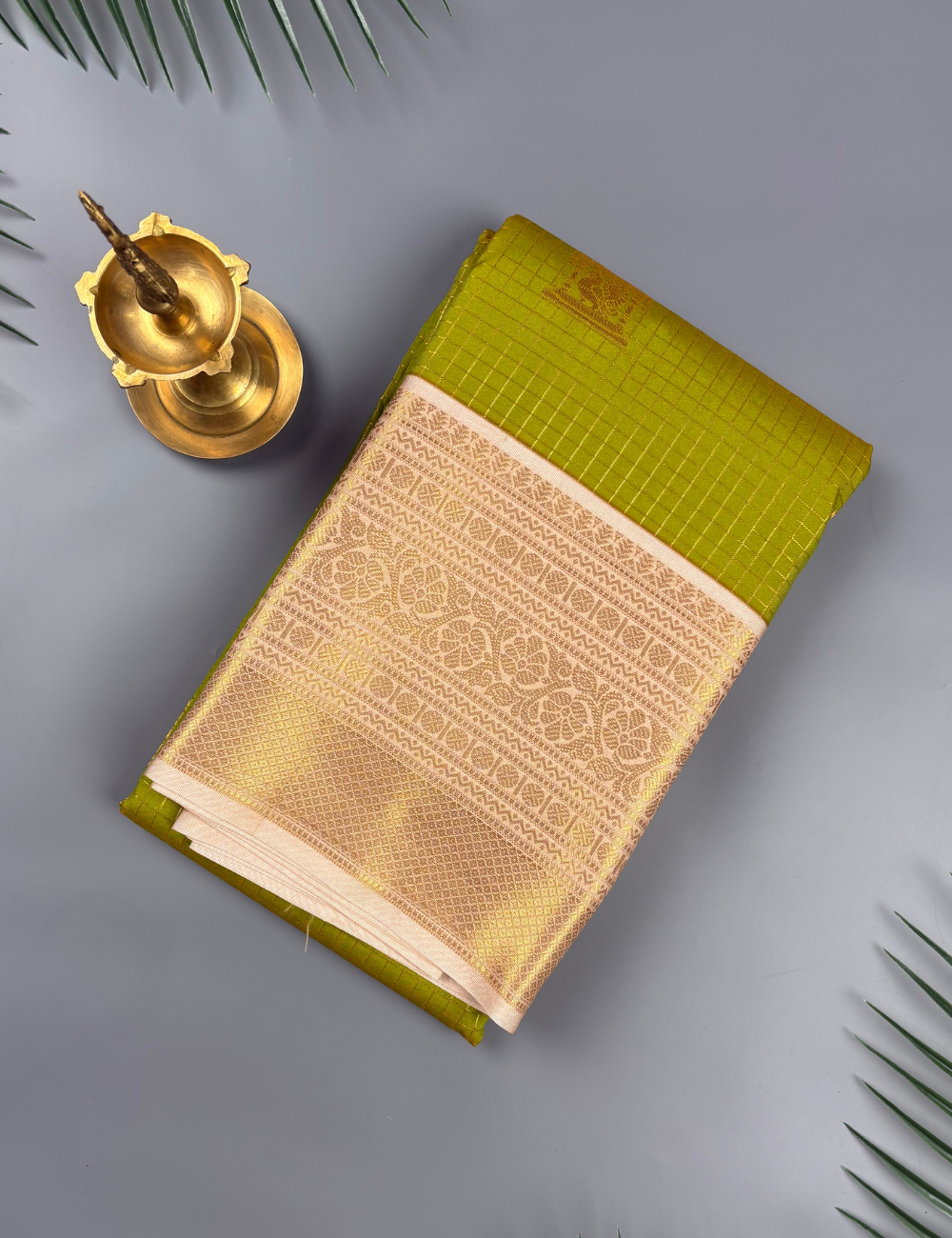 Green Kanjivaram Semi Silk Saree with Antique Gold Korvai Floral Brocade Zari Border