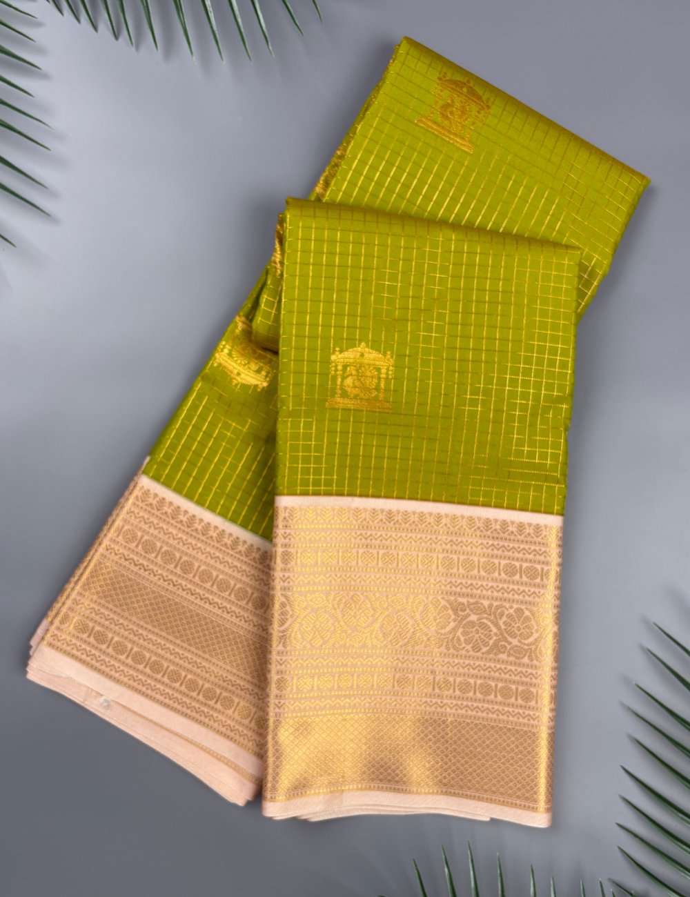 Green Kanjivaram Semi Silk Saree with Antique Gold Korvai Floral Brocade Zari Border