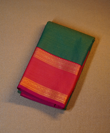 Emerald Green Soft Semi Silk Kanjivaram Saree with Coral Res Retta pettu Border