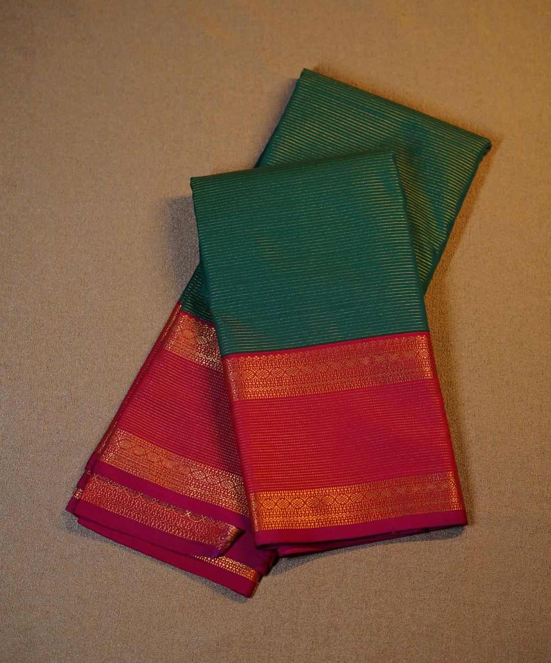 Emerald Green Soft Semi Silk Kanjivaram Saree with Coral Res Retta pettu Border