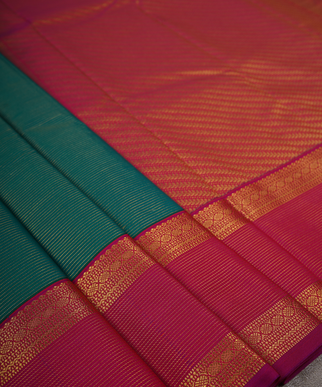 Emerald Green Soft Semi Silk Kanjivaram Saree with Coral Res Retta pettu Border