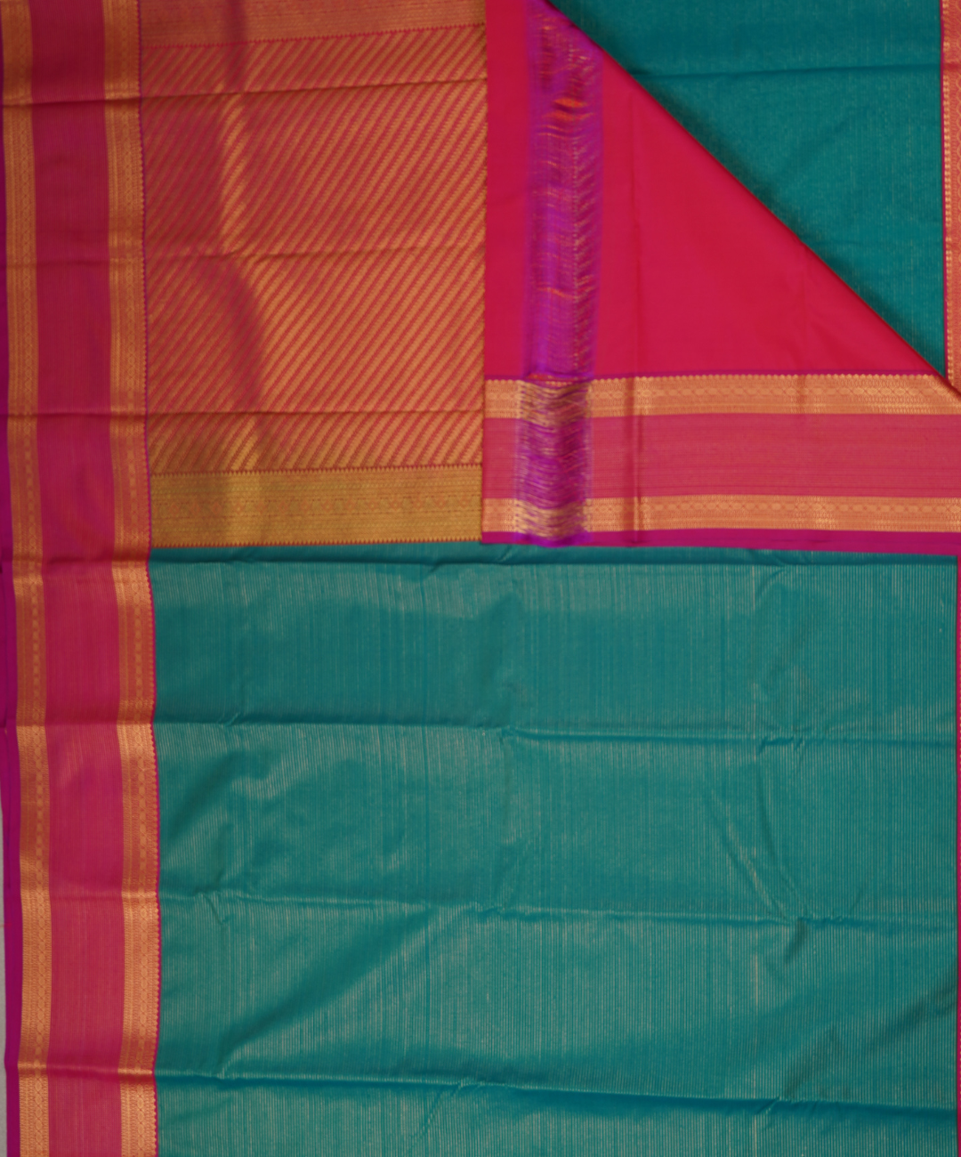 Emerald Green Soft Semi Silk Kanjivaram Saree with Coral Res Retta pettu Border
