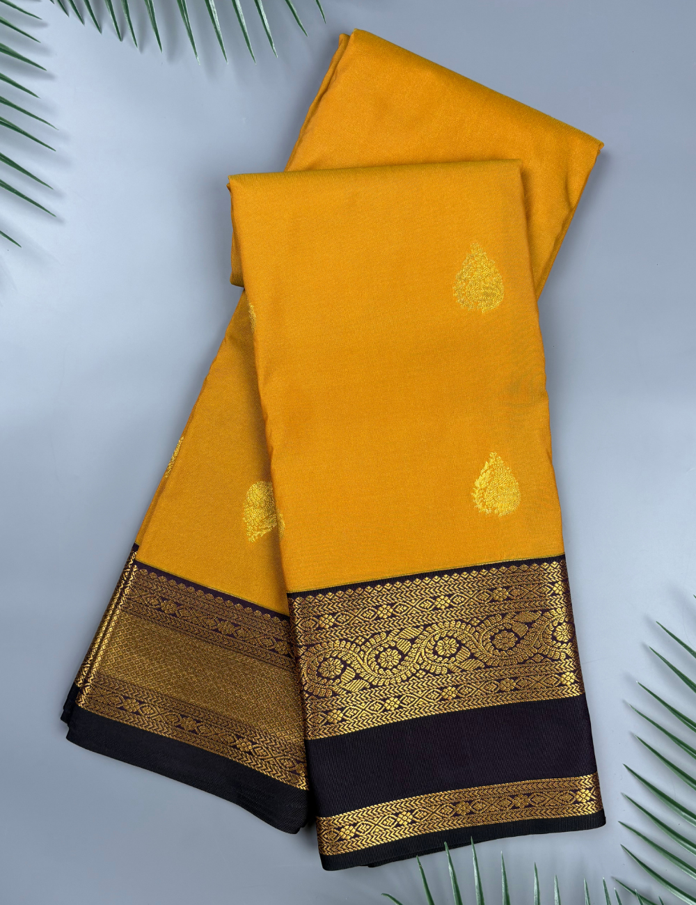Mustard Yellow Soft Kanjivaram Semi Silk Saree with Deep purple Korvai Gold Zari Border