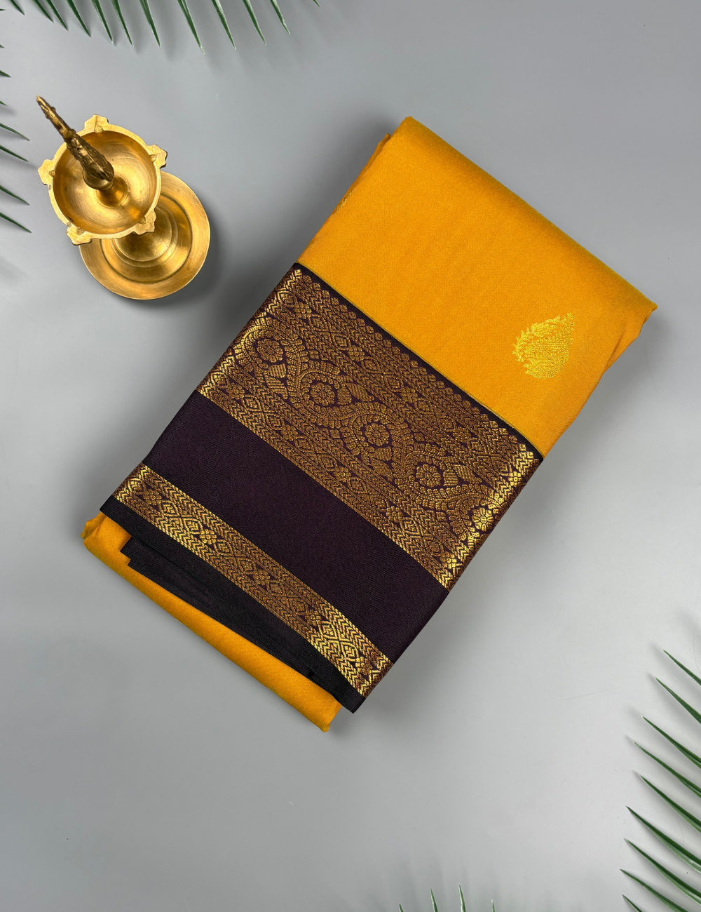 Mustard Yellow Soft Kanjivaram Semi Silk Saree with Deep purple Korvai Gold Zari Border