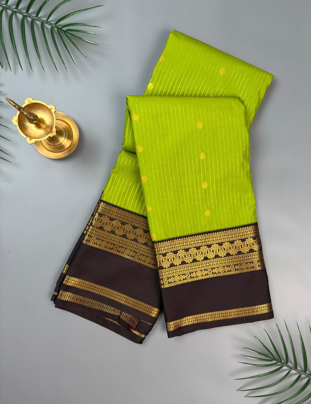 Lime Green Soft Semi Silk Kanjivaram Saree with Deep Purple Korvai Gold Zari Silk Saree