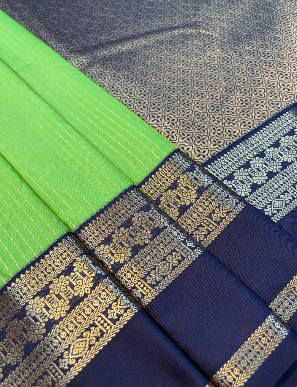 Lime Green Soft Semi Silk Kanjivaram Saree with Deep Purple Korvai Gold Zari Silk Saree