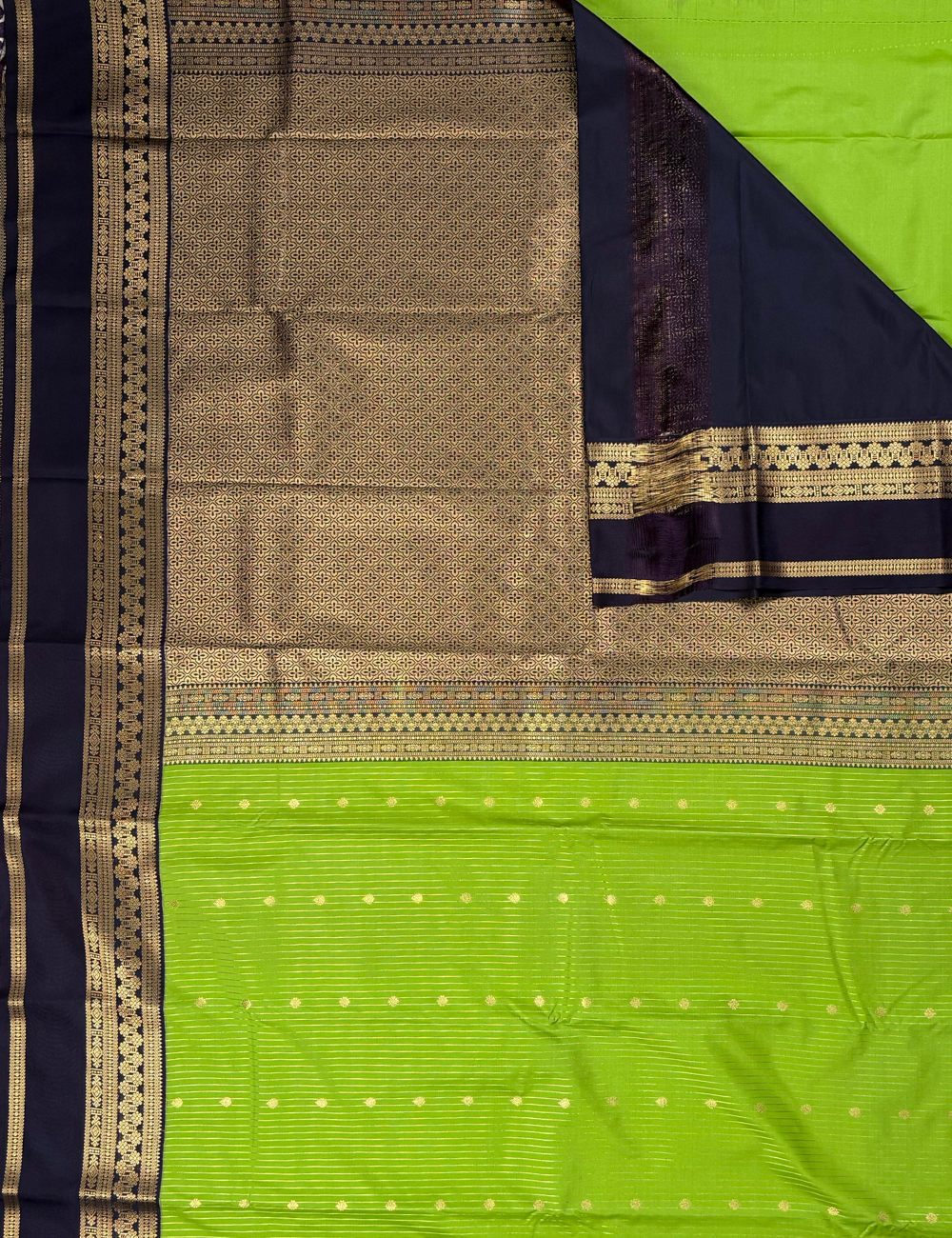 Lime Green Soft Semi Silk Kanjivaram Saree with Deep Purple Korvai Gold Zari Silk Saree