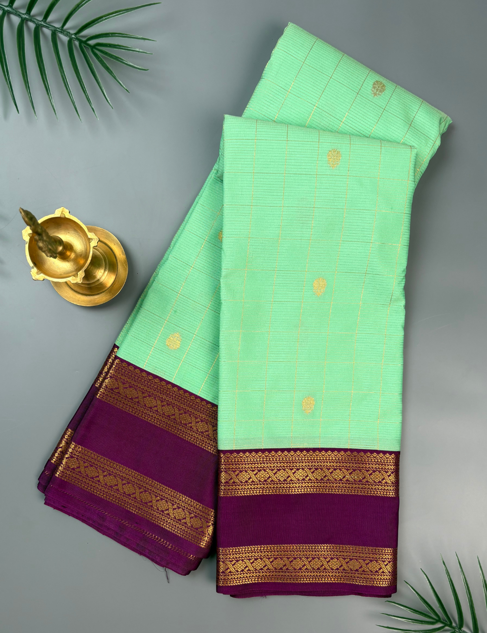 Pastel Mint Green Soft Semi Silk Kanjivaram Saree with Magenta Korvai Zari Border