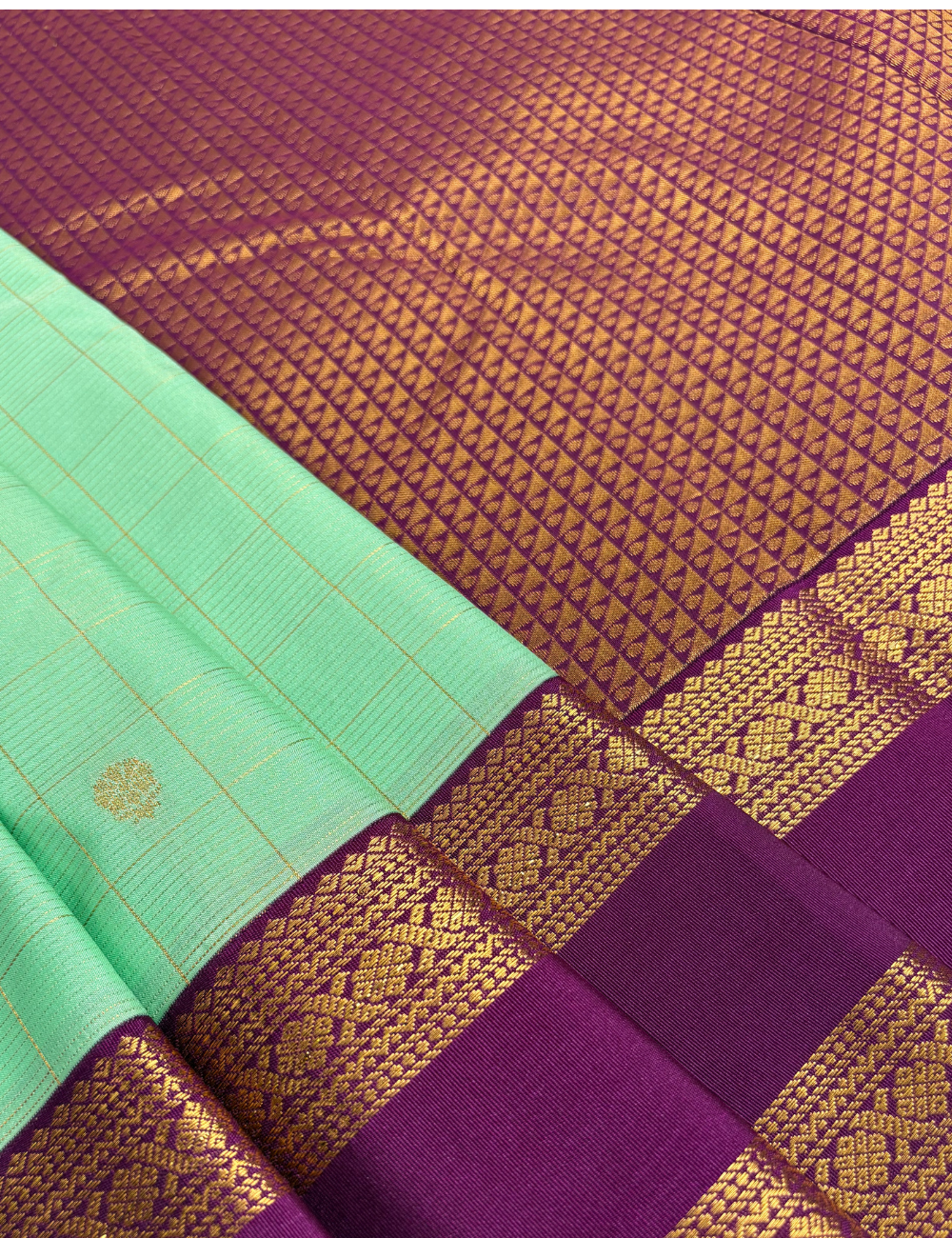 Pastel Mint Green Soft Semi Silk Kanjivaram Saree with Magenta Korvai Zari Border