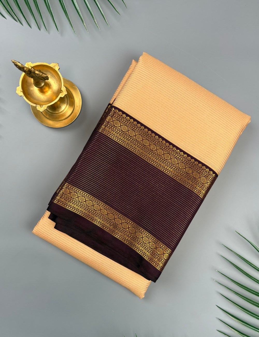 Peach Soft Kanjivaram Semi Silk Saree with Brown Rich Gold Zari Border