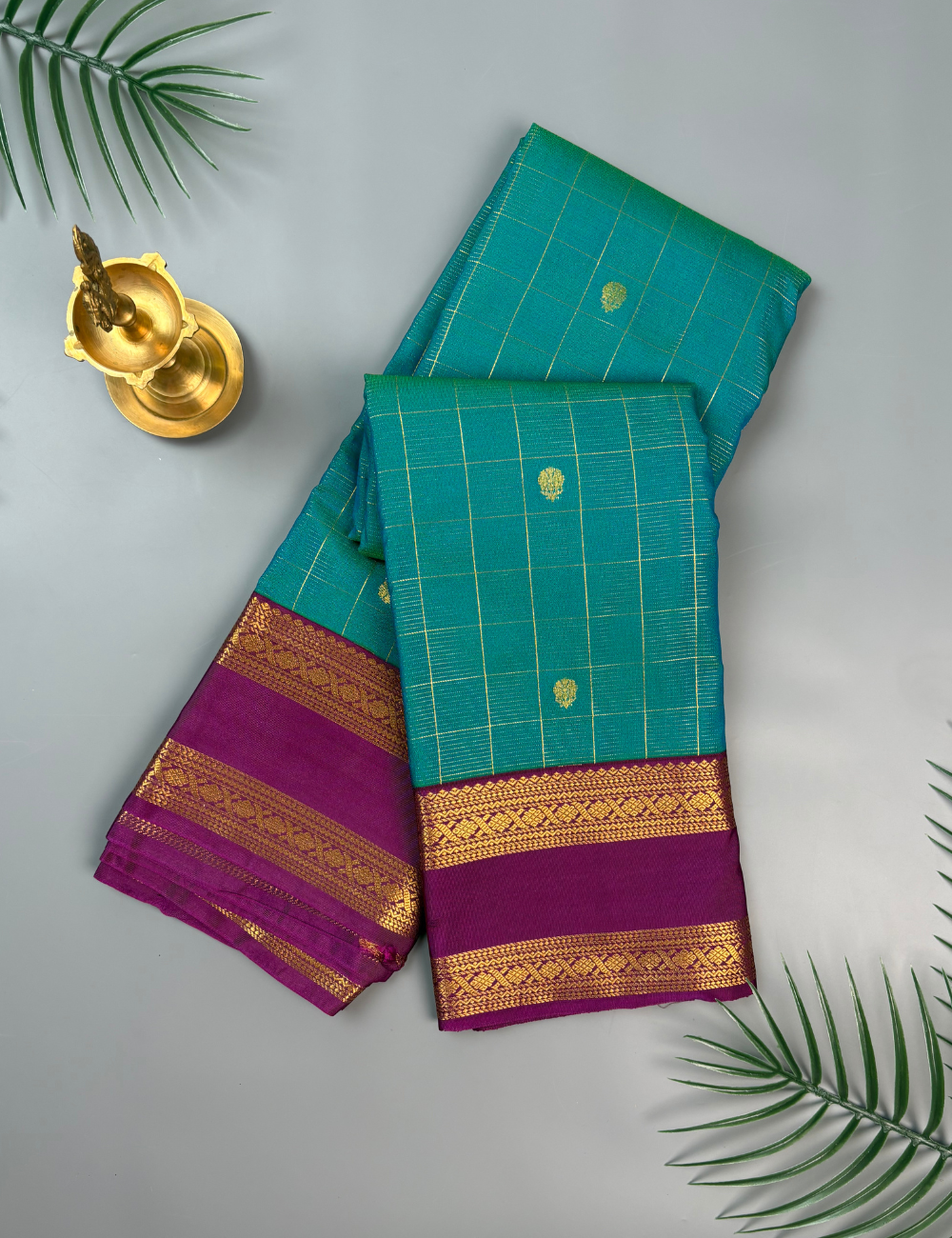 Peacock Green Soft Semi Silk Kanjivaram Saree with Magenta Korvai Zari Border