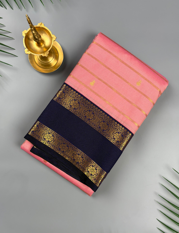 Pink Soft Semi Silk Kanjivaram Saree with Navy Blue Korvai Gold Zari Border