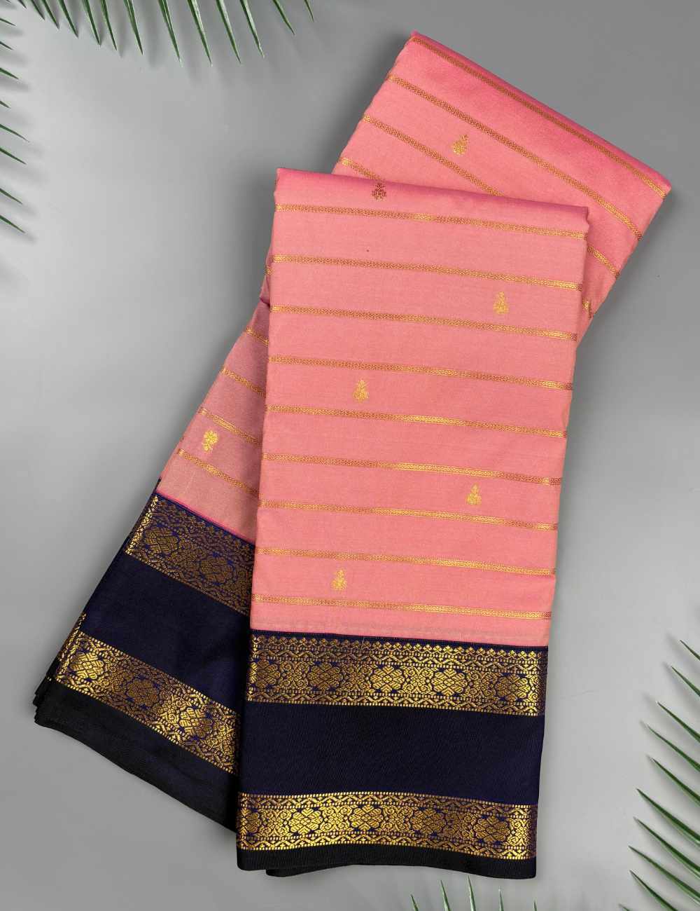Pink Soft Semi Silk Kanjivaram Saree with Navy Blue Korvai Gold Zari Border